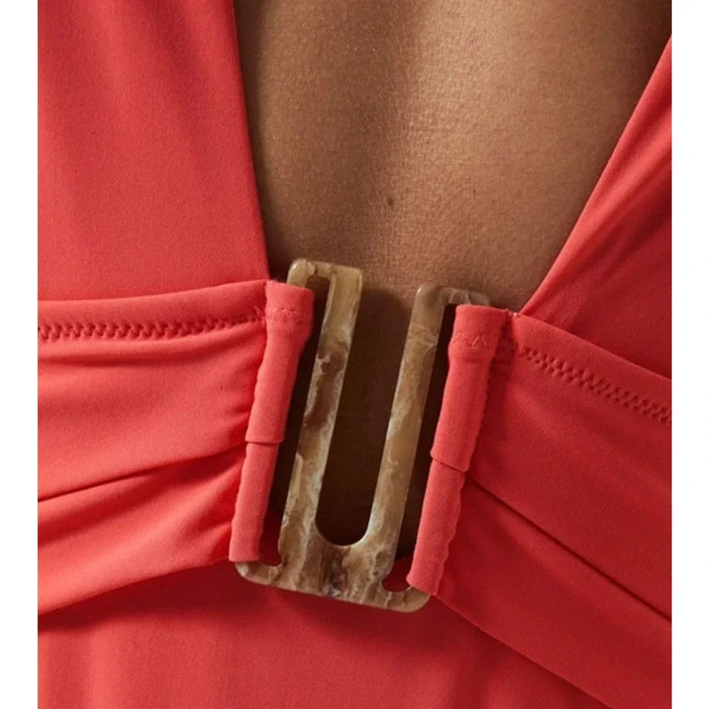 REISS Isabel Plunge Swimsuit Size 12 NEW $140 Coral Pink $140 One Piece